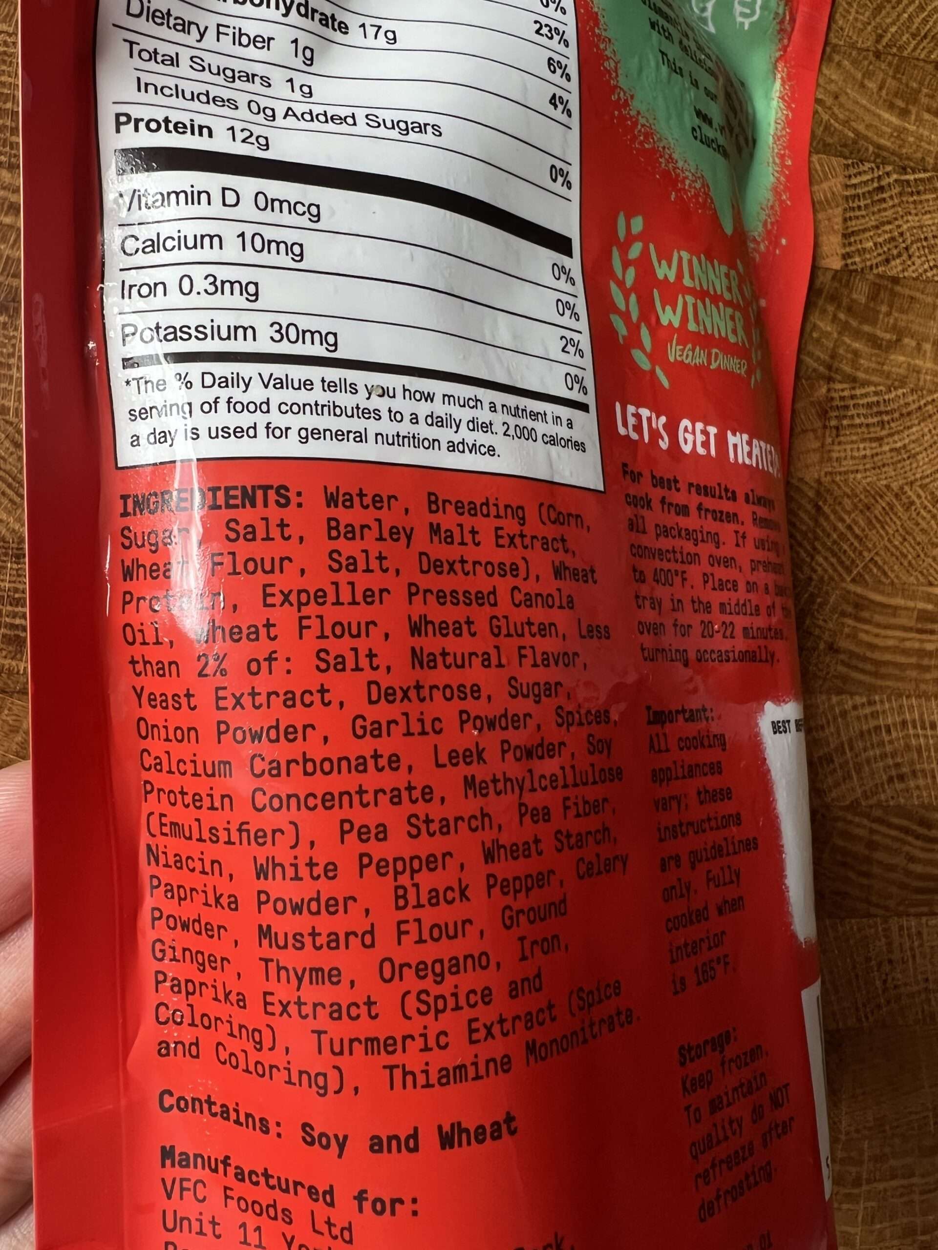 A bag of VFC Foods Vegan Chicken Bites with nutritional facts.