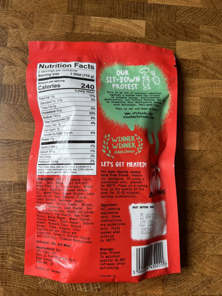 A bag of VFC Foods Vegan Chicken Fillet with nutritional label.