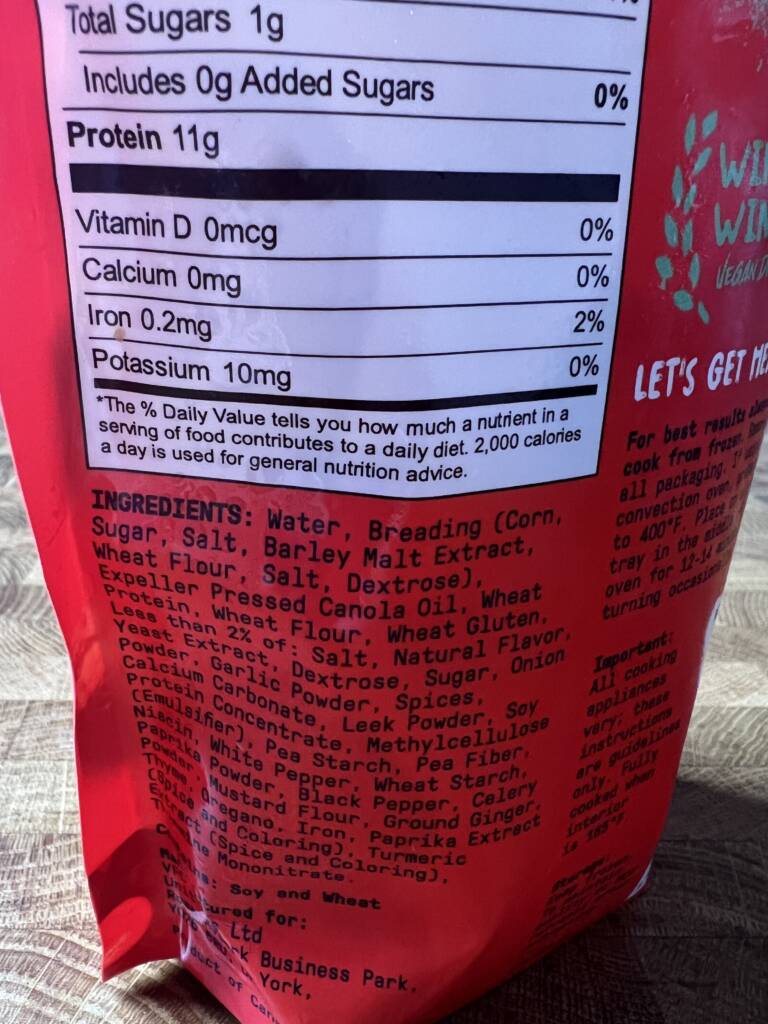 A bag of VFC Foods Vegan Popcorn Chicken with nutritional facts.