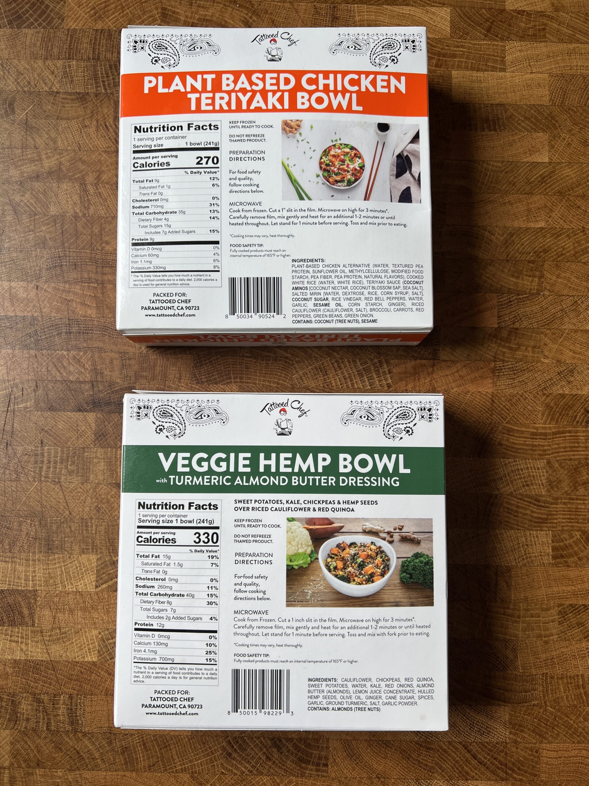 Tattooed chef vegan plant-based chicken teriyaki bowl and veggie hemp bowl with nutrition facts and directions.