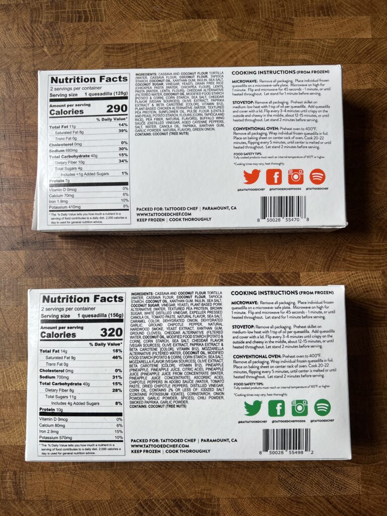 Tattooed chef vegan plant-based quesadillas with nutrition facts and directions.