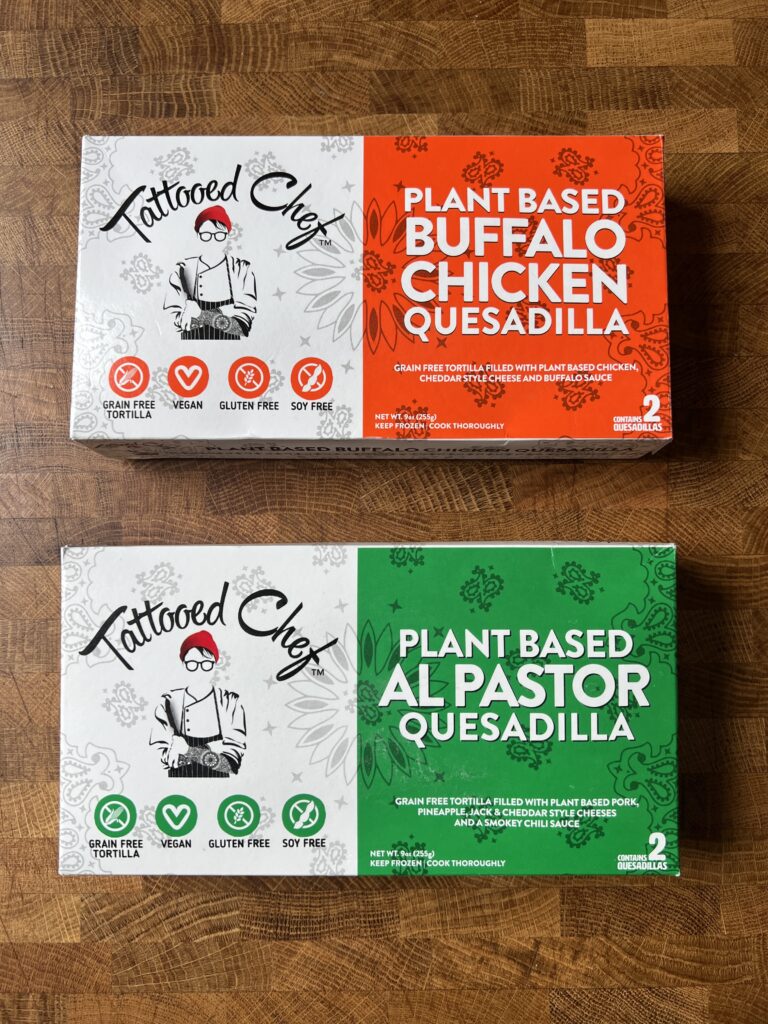 boxes of Tattooed chef vegan plant-based buffalo chicken and al pastor quesadillas.