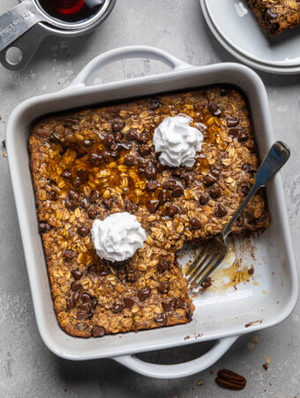 cooked vegan banana bread baked oatmeal in white casserole dish