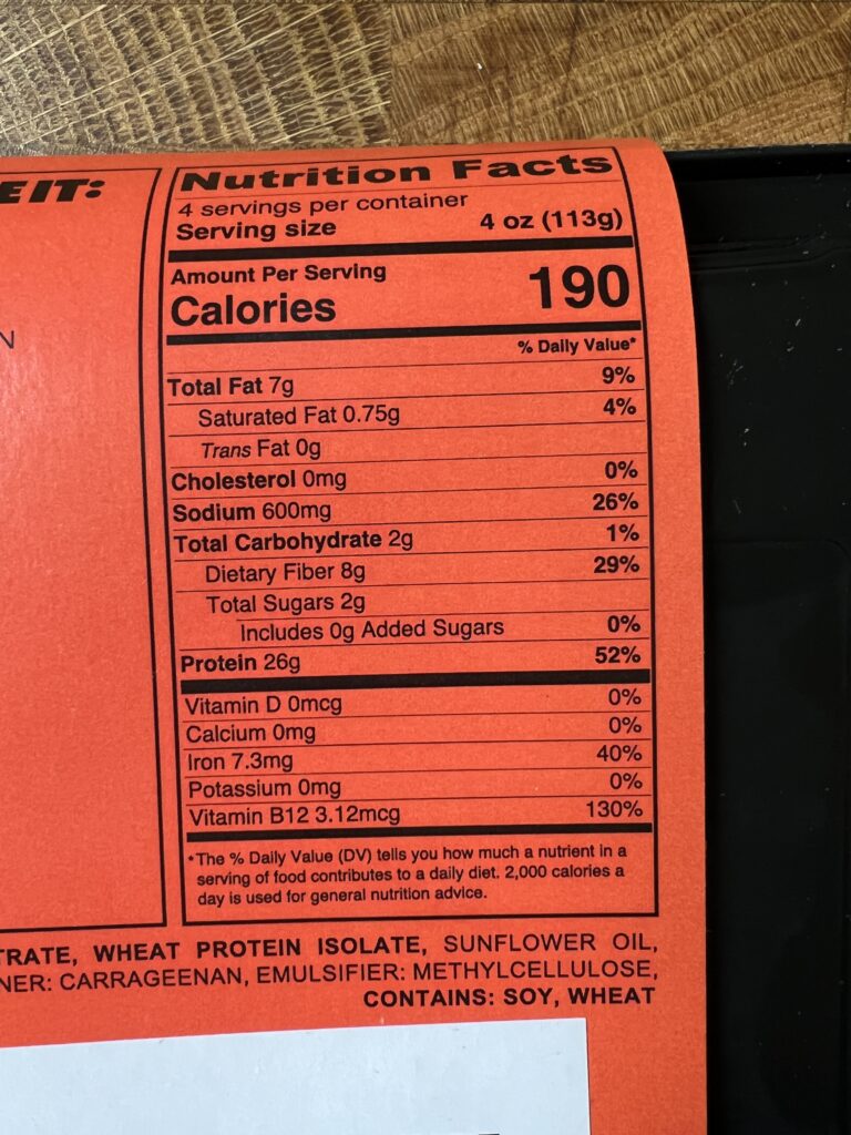 A close up of a package of Juicy Marbles vegan filet mignon nutritional facts.