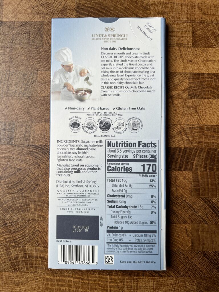 Lindt Oat Milk chocolate bar with nutrition facts.