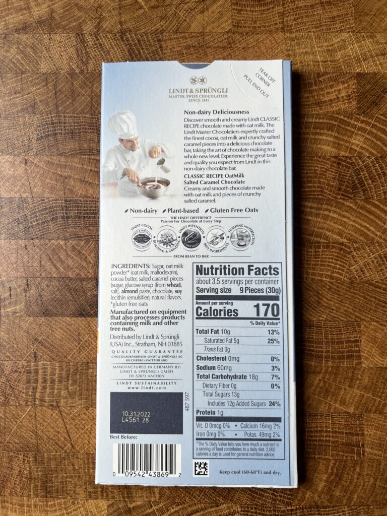 Lindt Oat Milk salted caramel bar with nutrition facts.