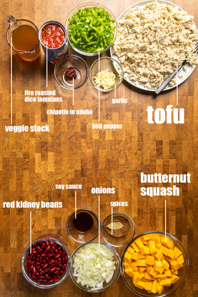 Vegan butternut squash chili ingredients.
