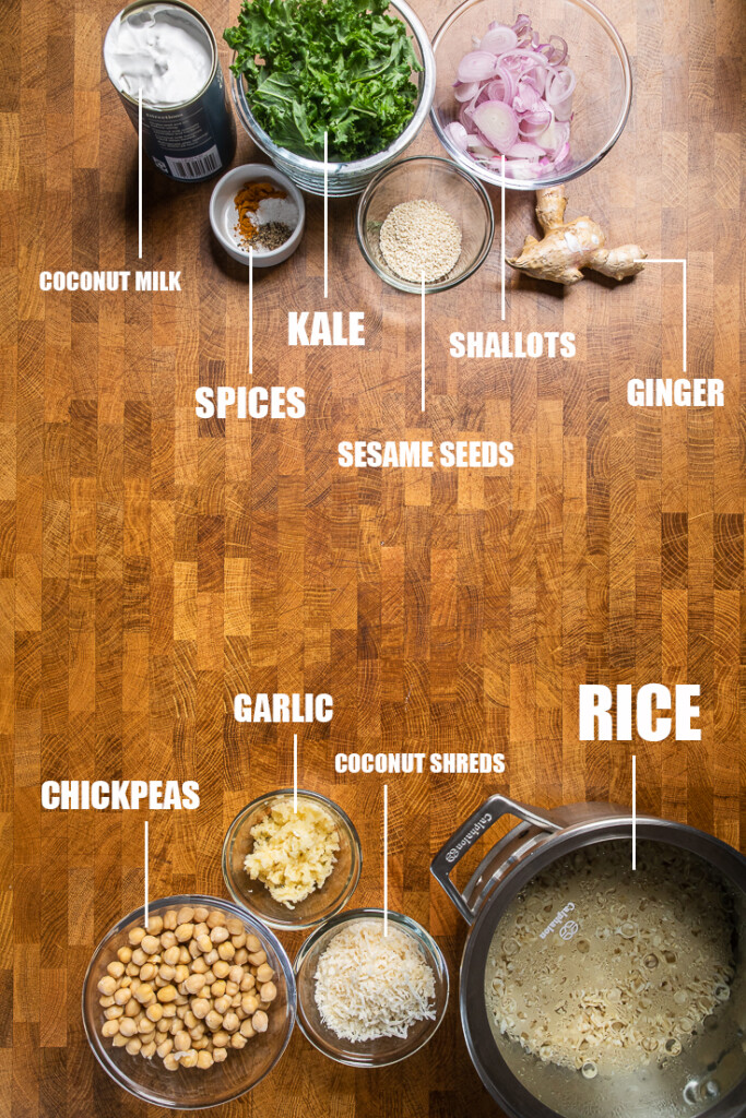 ingredients to make creamy coconut rice with spiced chickpeas.
