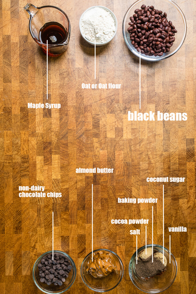 Healthy vegan black bean brownie ingredients.