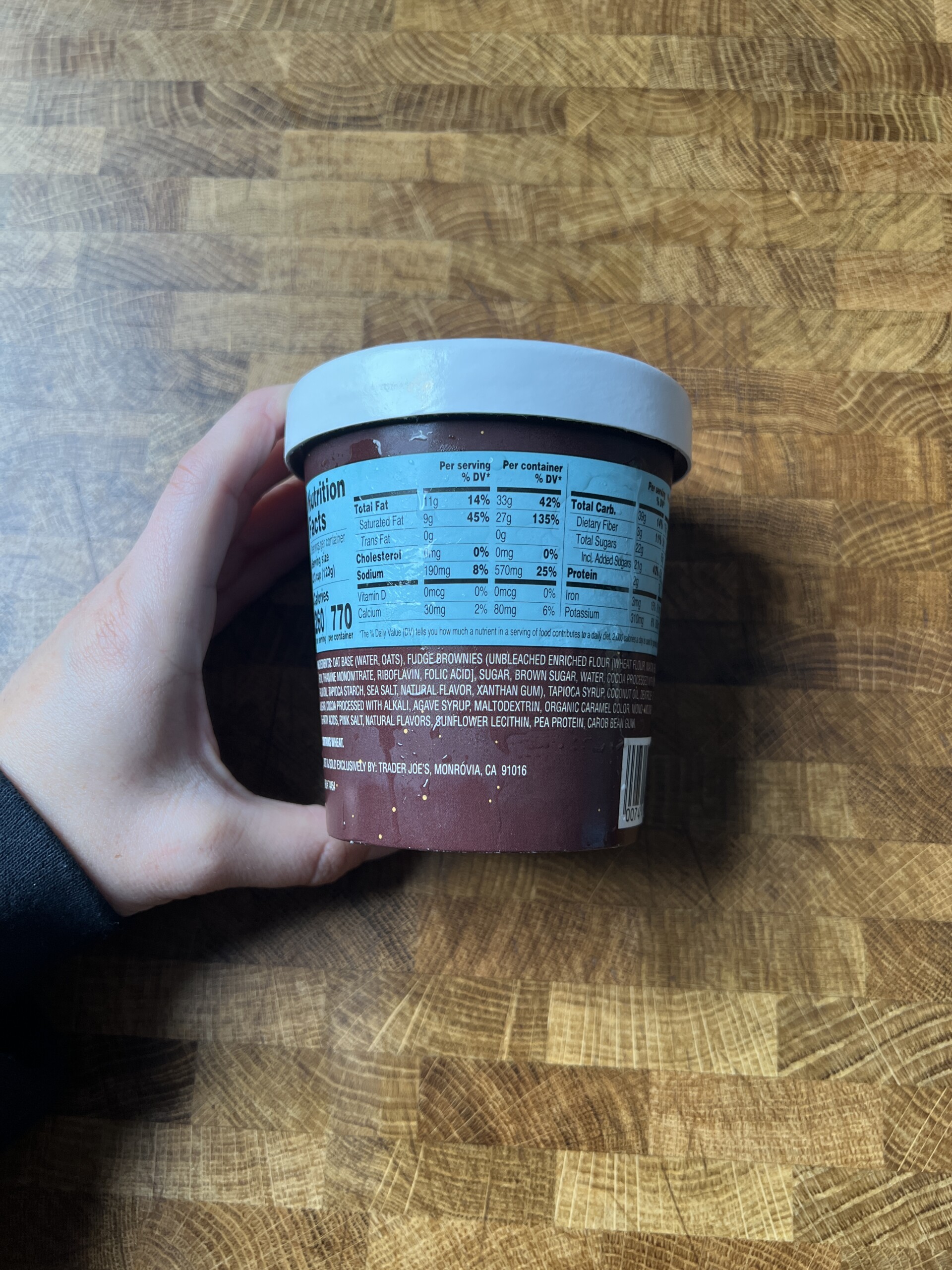 A pint of Trader Joe’s Vegan Very Chocolatey Non-Dairy Frozen Dessert with nutrition facts.