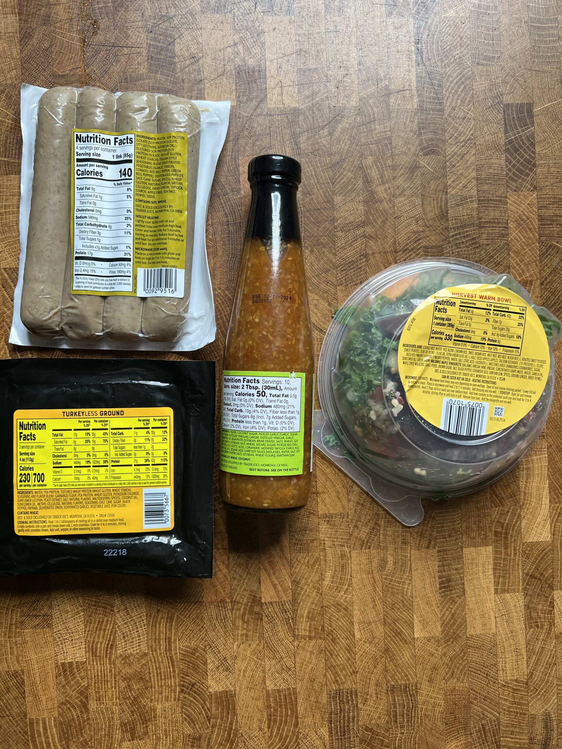 assortment of new vegan meal items at trader joes fall 2022 with nutrition facts.