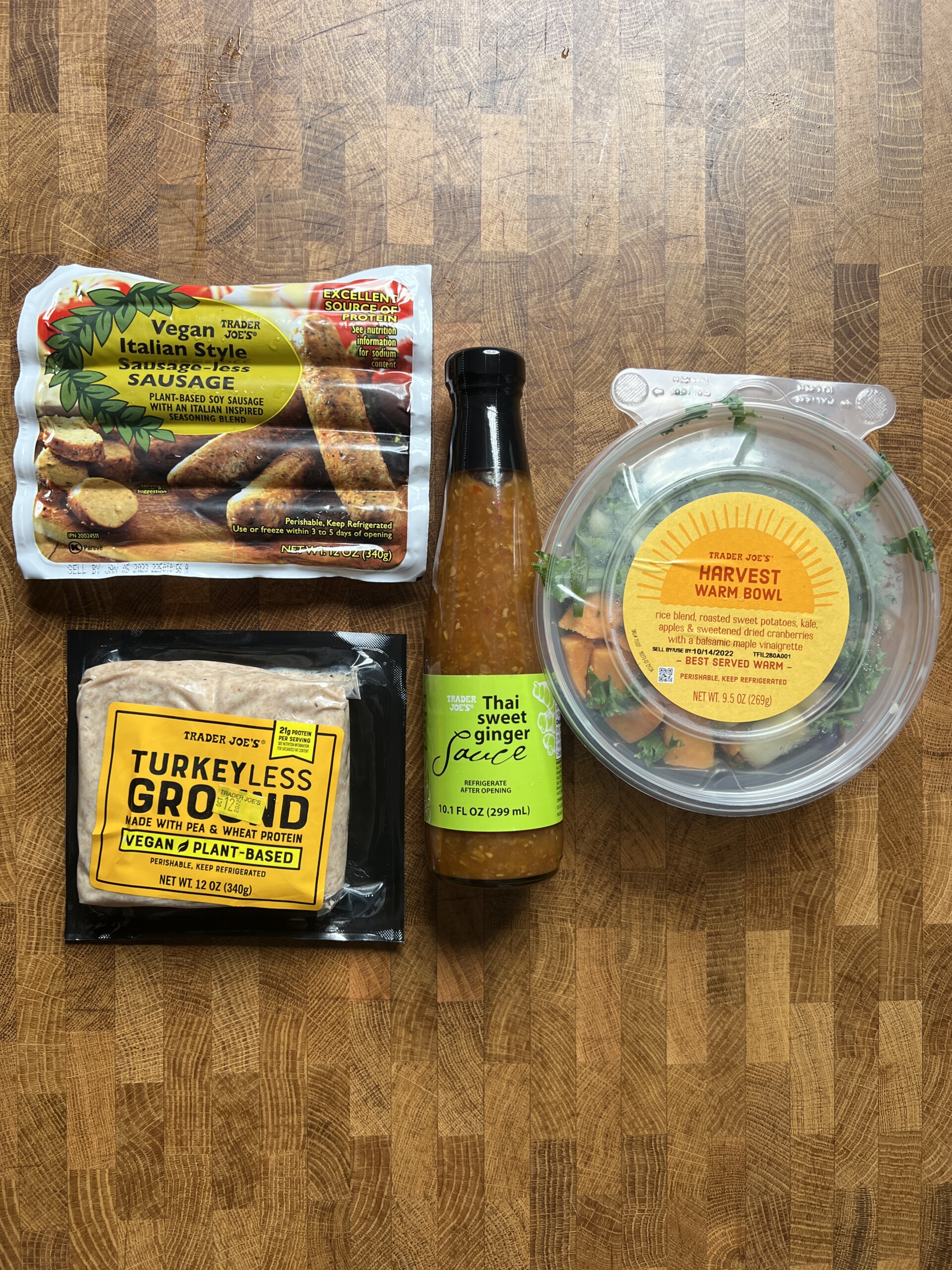 assortment of new vegan meal items at trader joes fall 2022. 