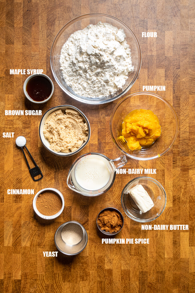 ingredients to make vegan pumpkin cinnamon rolls. 
