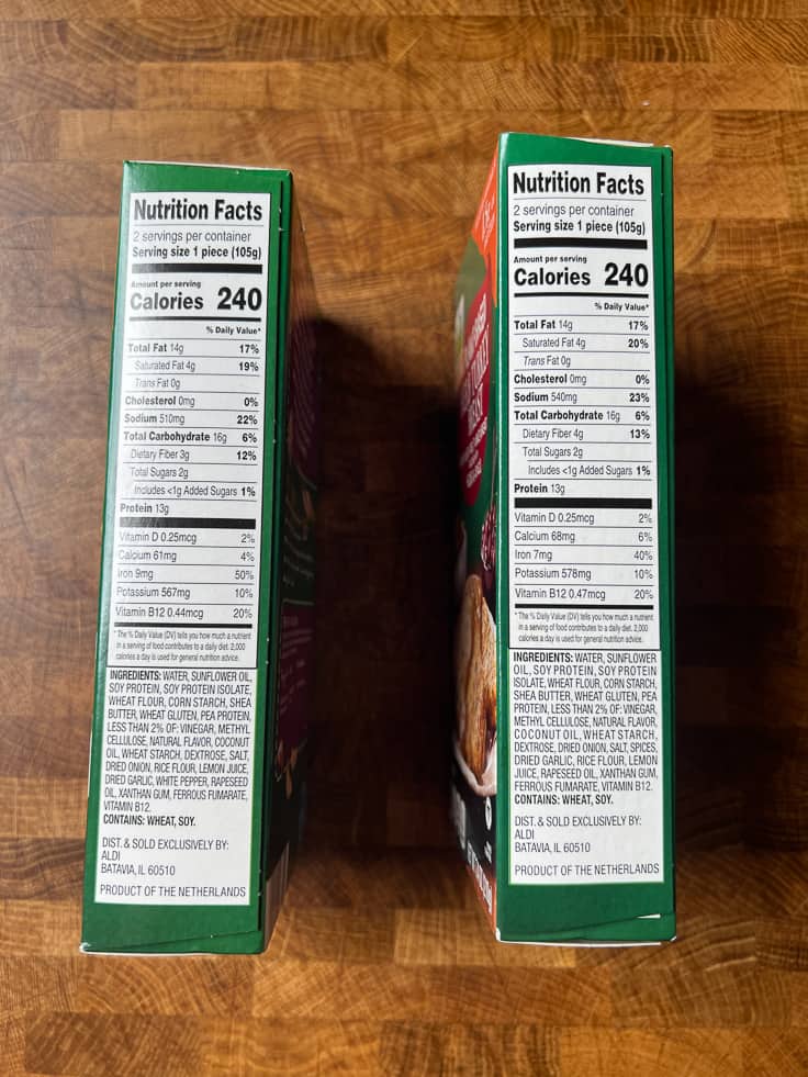 Aldi plant based roast packages nutritional labels.