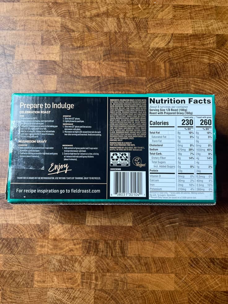 Field Roast Celebration Roast box nutritional label. 