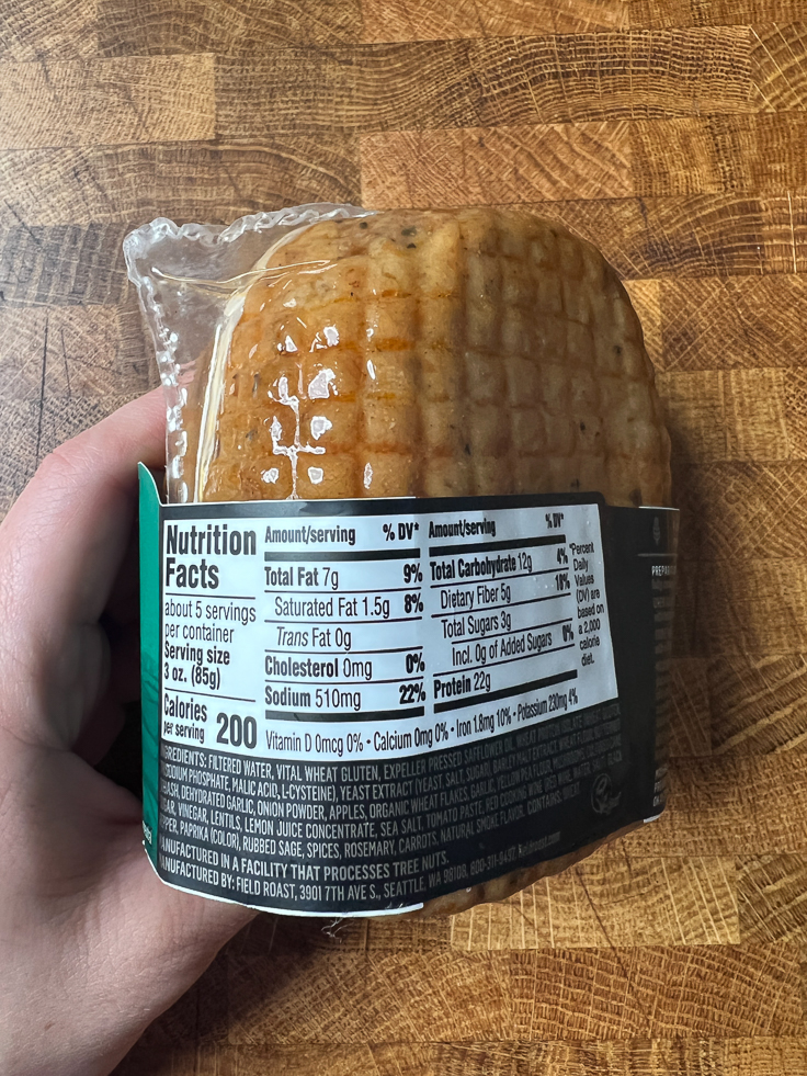 Field Roast Sage and Garlic Roast package nutritional label. 