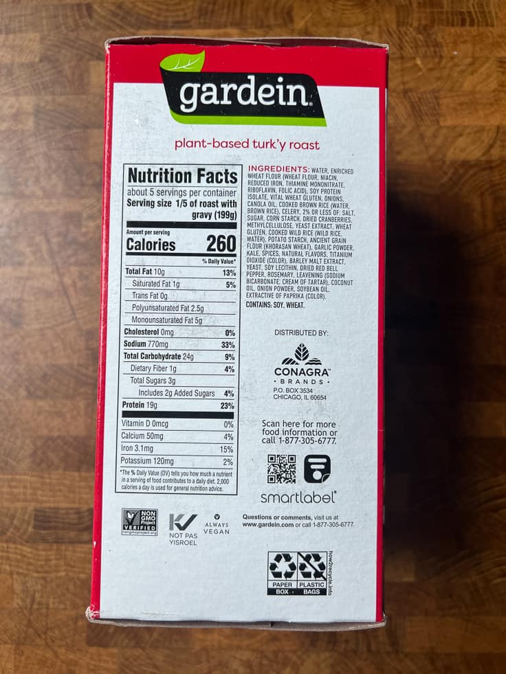 Gardein plant based turk'y Roast package nutritional label. 