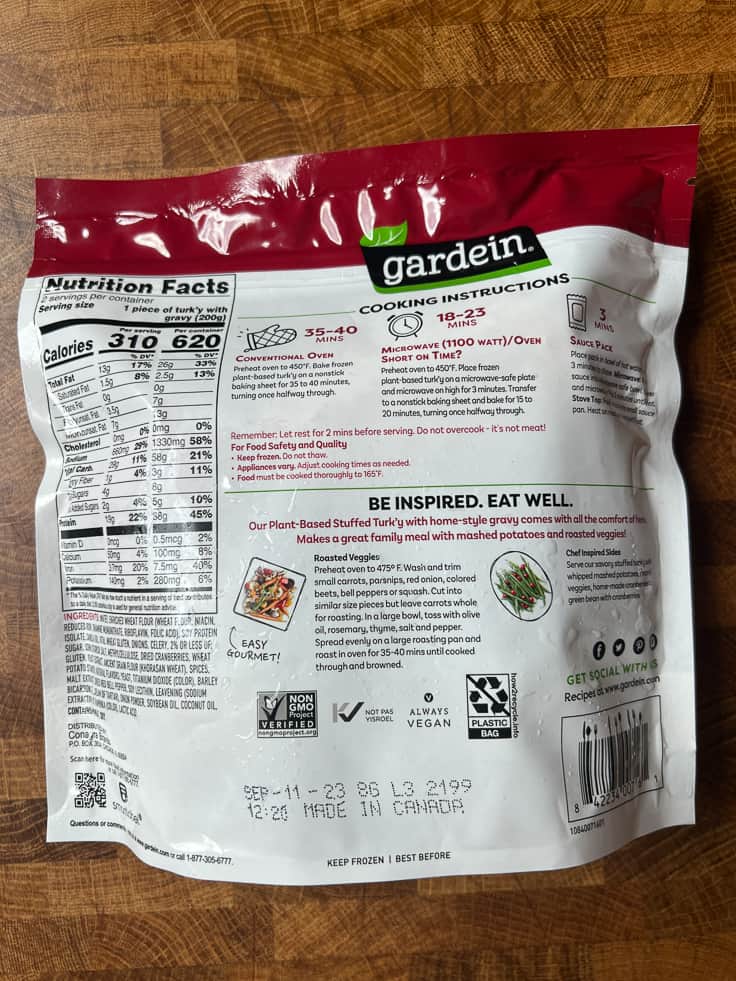 Gardein plant based savory stuffed turk'y Roast package nutritional label. 