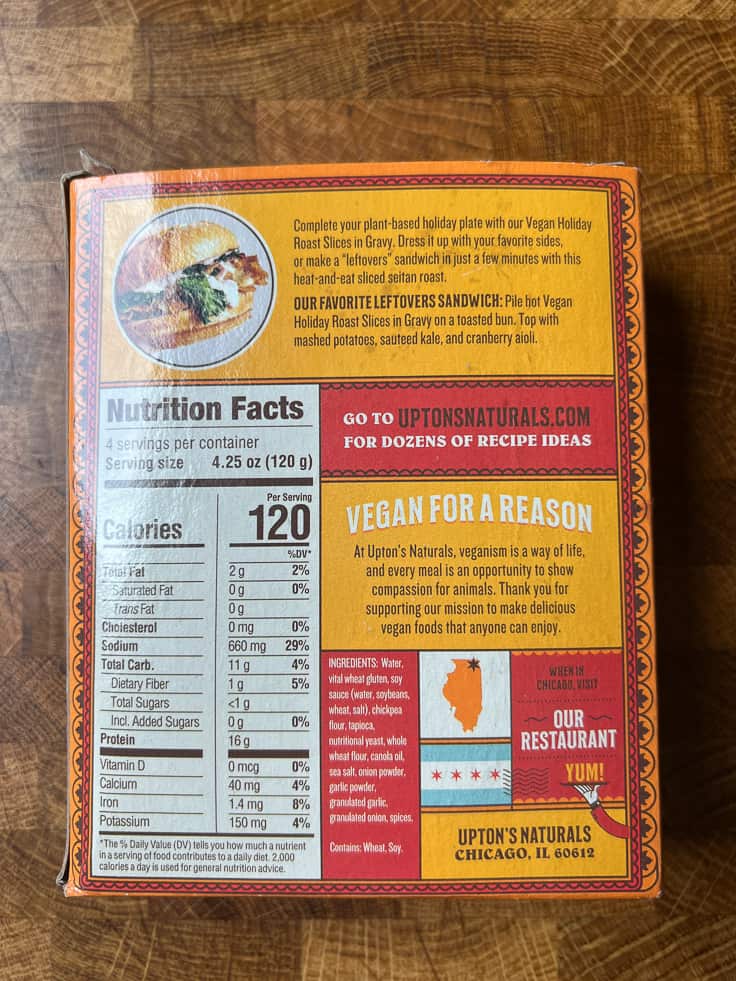 Uptons Natural Vegan Holiday Roast package nutritional label.