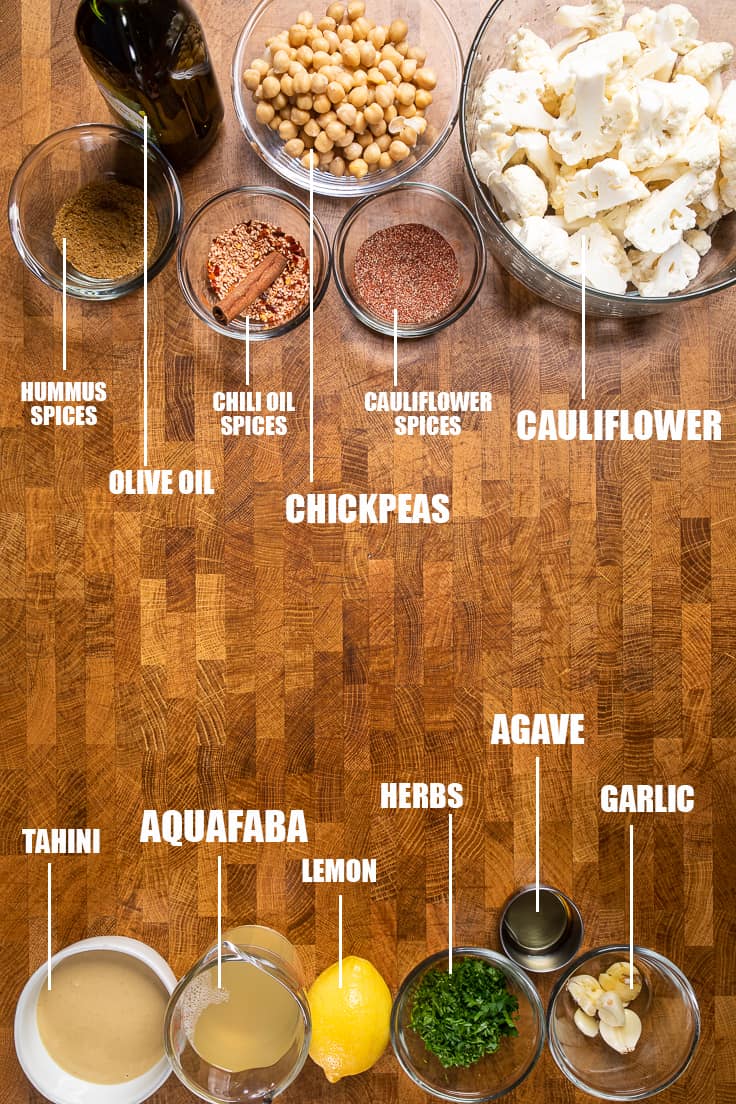 ingredients for oven roasted cauliflower and hummus bowls.