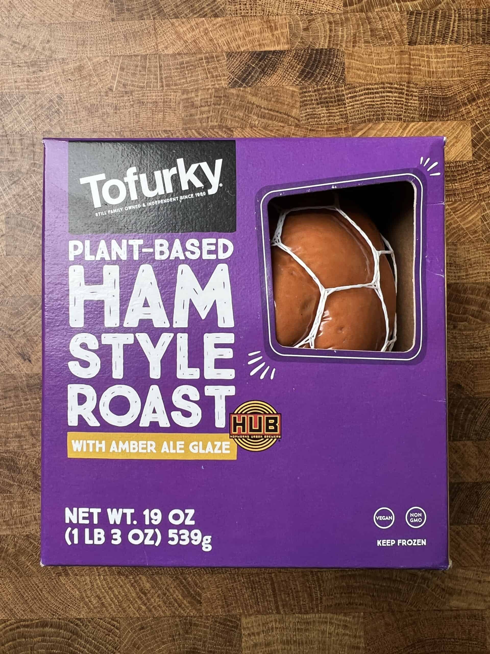 box of tofurky plant based ham style roast. 