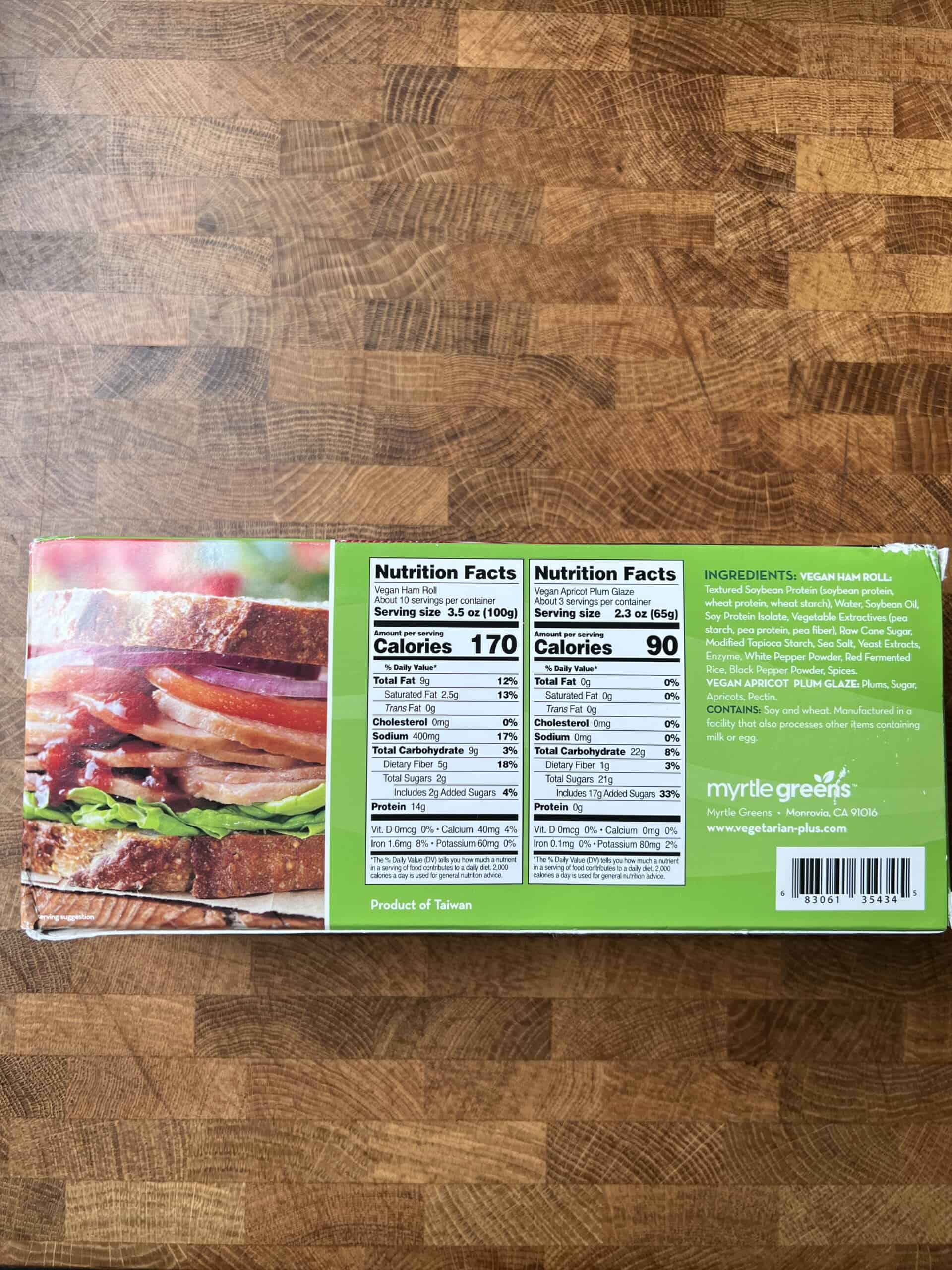 back of a box of vegetarian plus vegan ham roll showing nutritional label. 