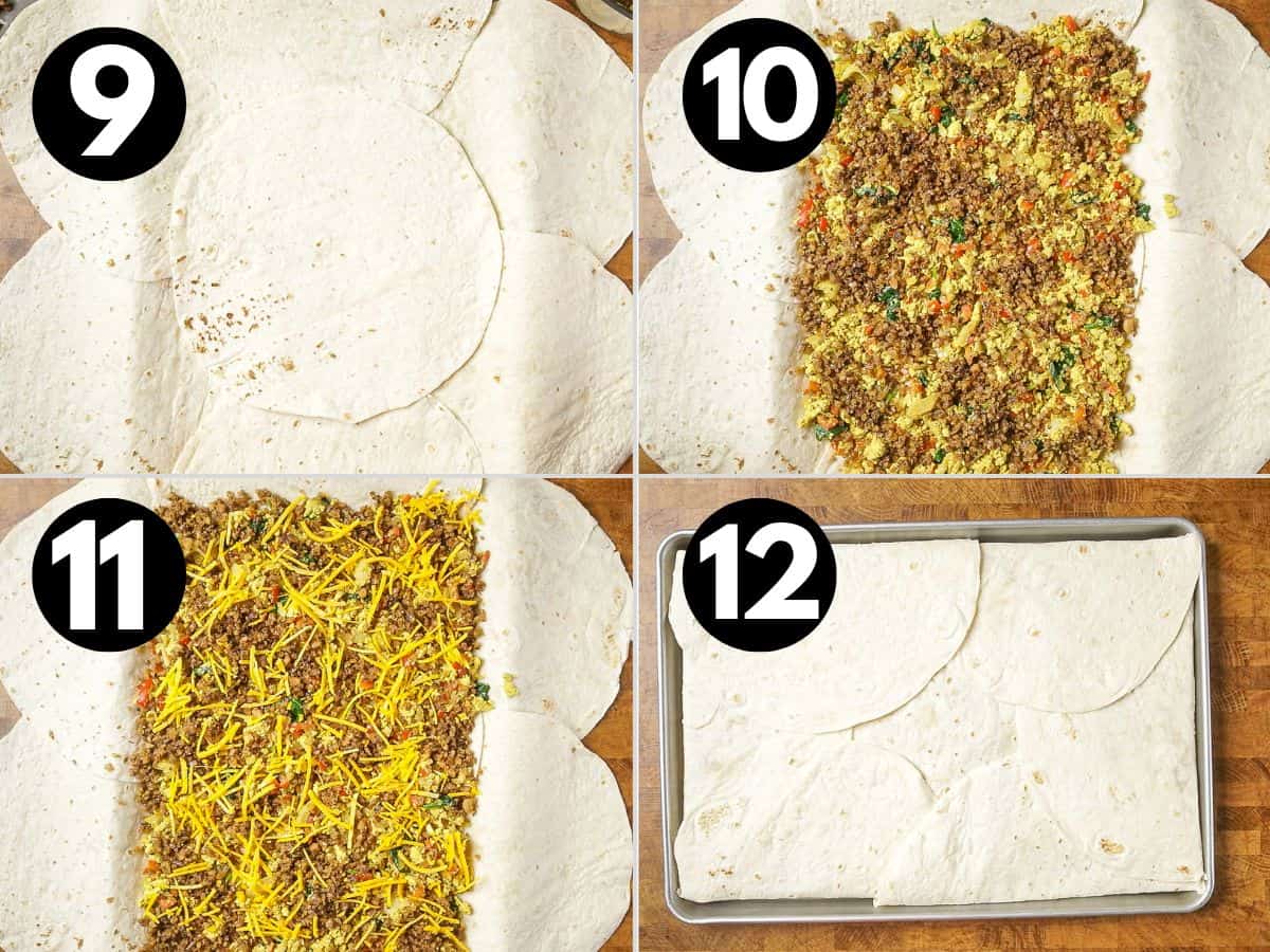 collage of photos on how to fold sheet pan quesadillas, lay out, fill and then fold up