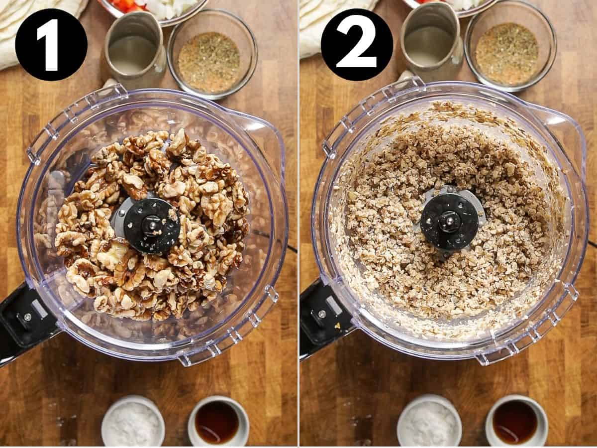 walnuts in a food processor and then walnuts pulsed into crumbs in food processor