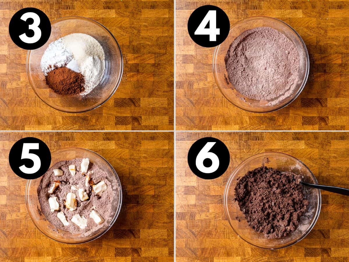 mixing together the chocolate crumble topping in four parts.