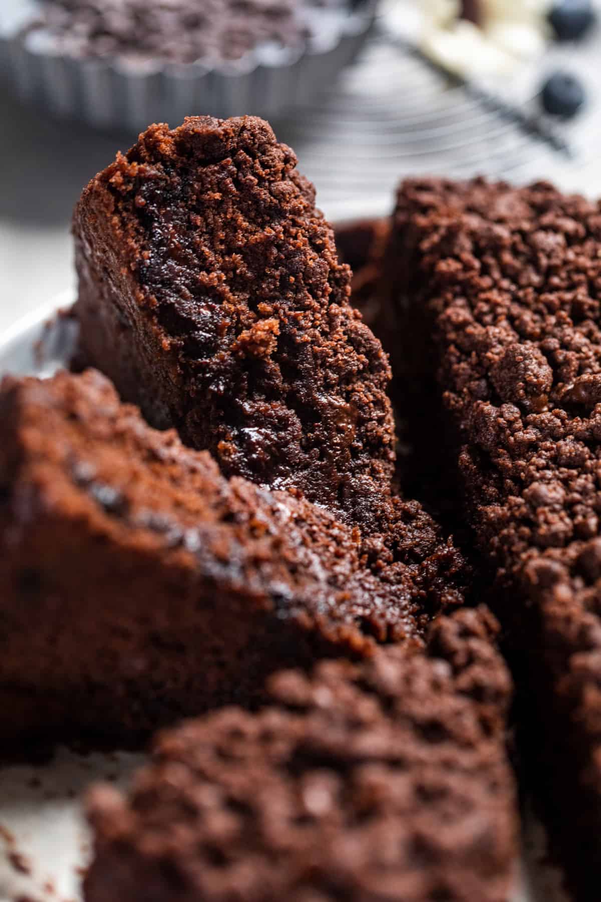 close up of a slice of vegan chocolate coffee cake
