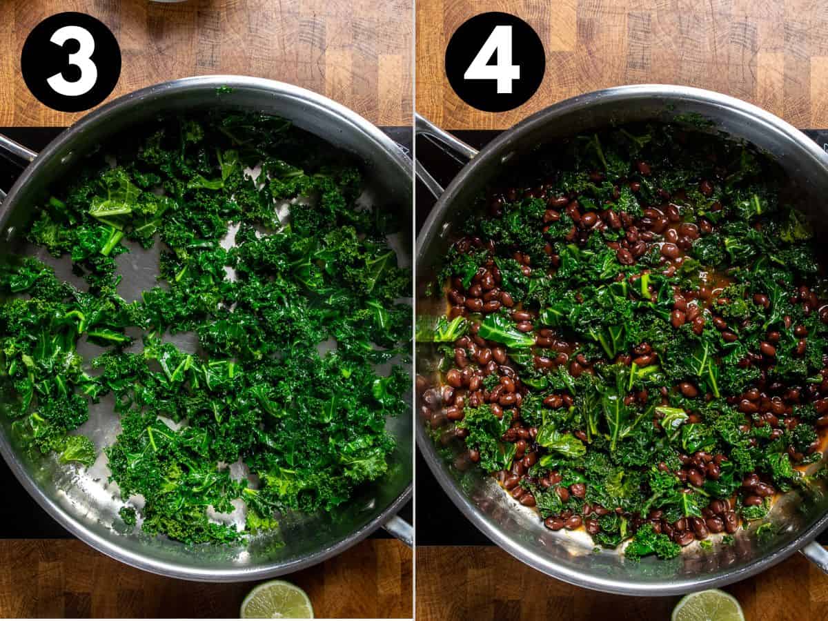 cooking kale in a large skillet and then adding in black beans and sauce.