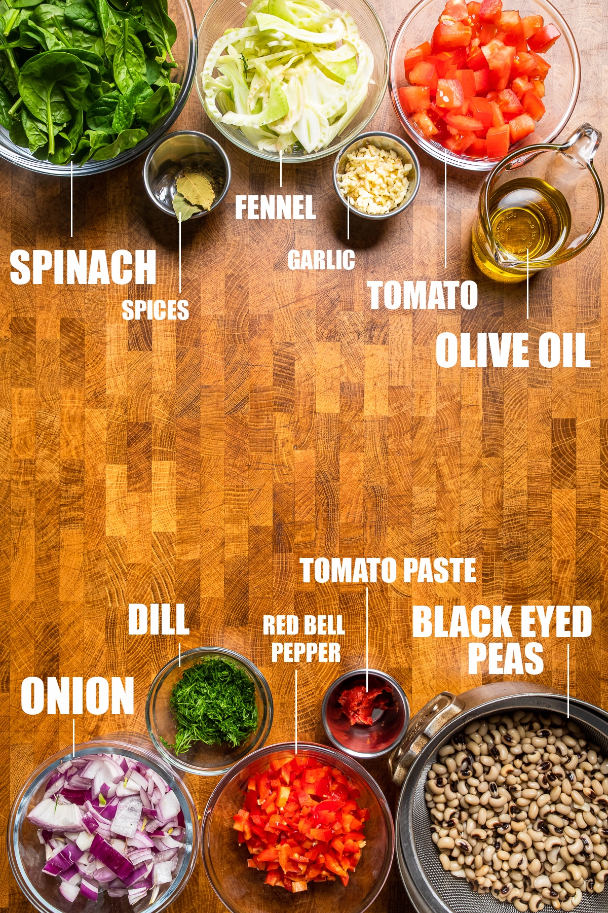ingredients for making vegan black eyed peas stew.