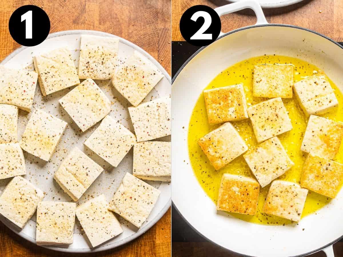 seasoning and pan searing tofu squares. 