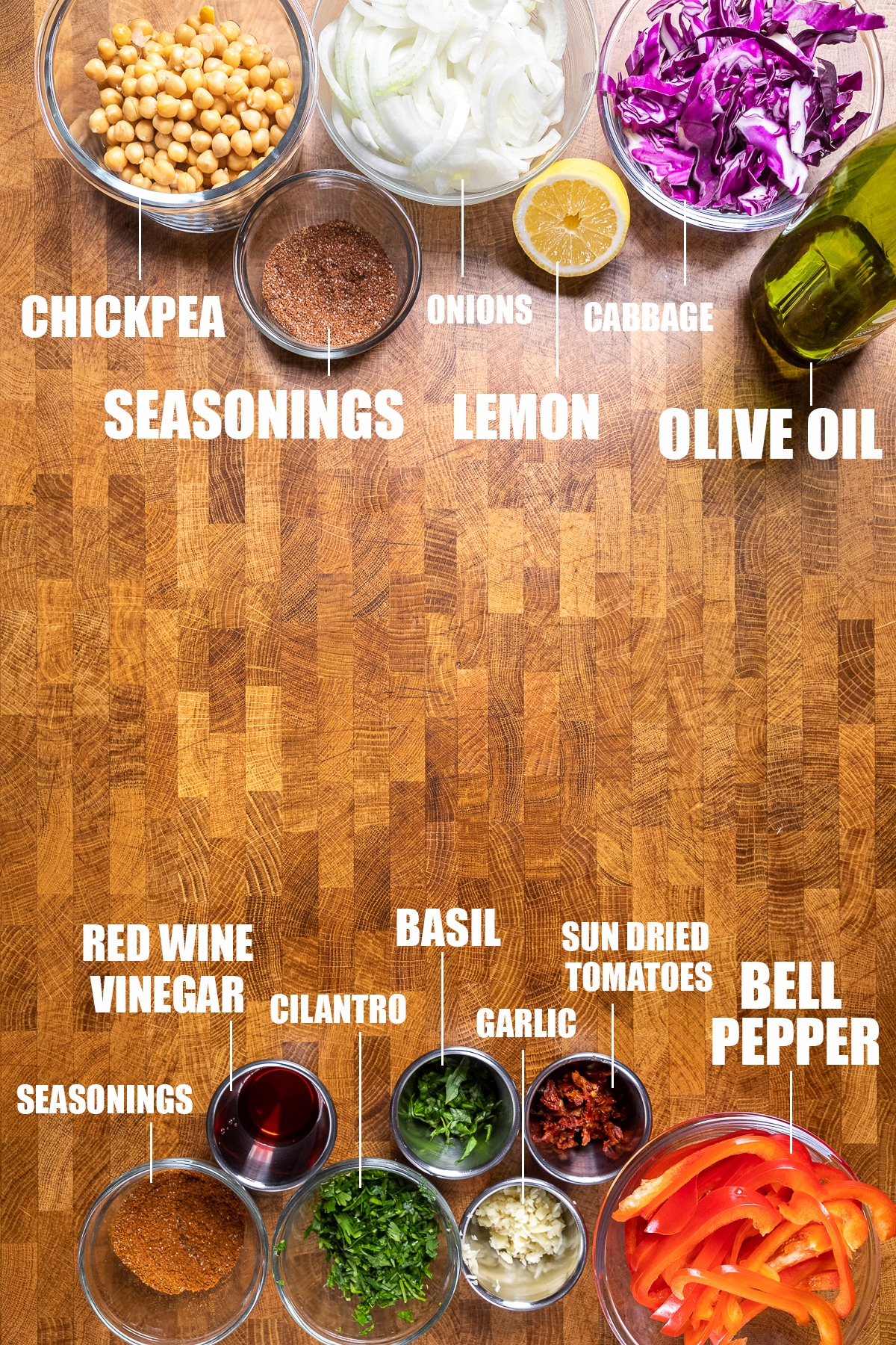 ingredients to make vegan turkish chickpea salad on a table.