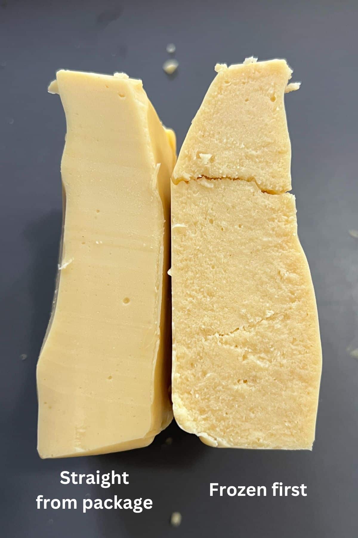 two halved blocks of chickpea tofu to show texture variation if you freeze it.