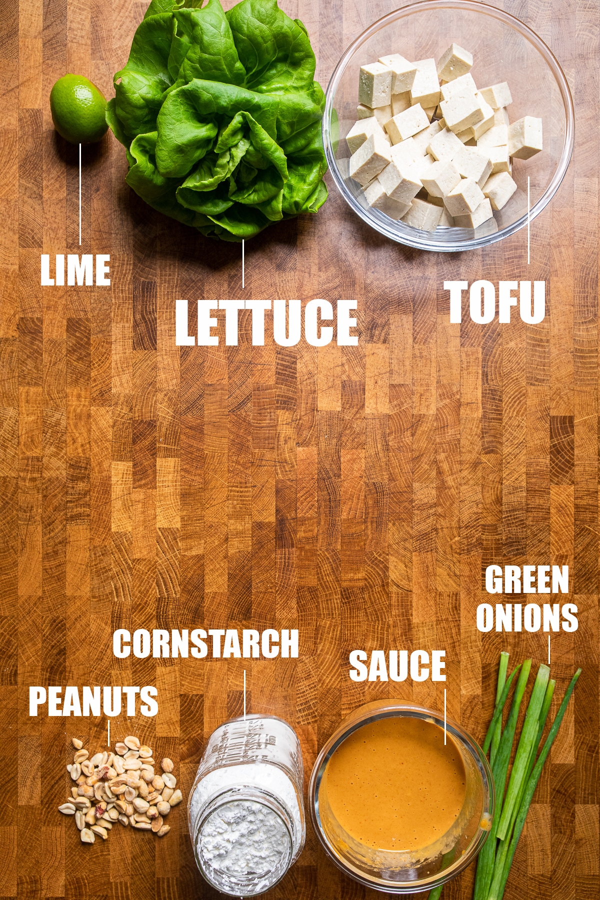 ingredients for peanut butter tofu lettuce wraps.