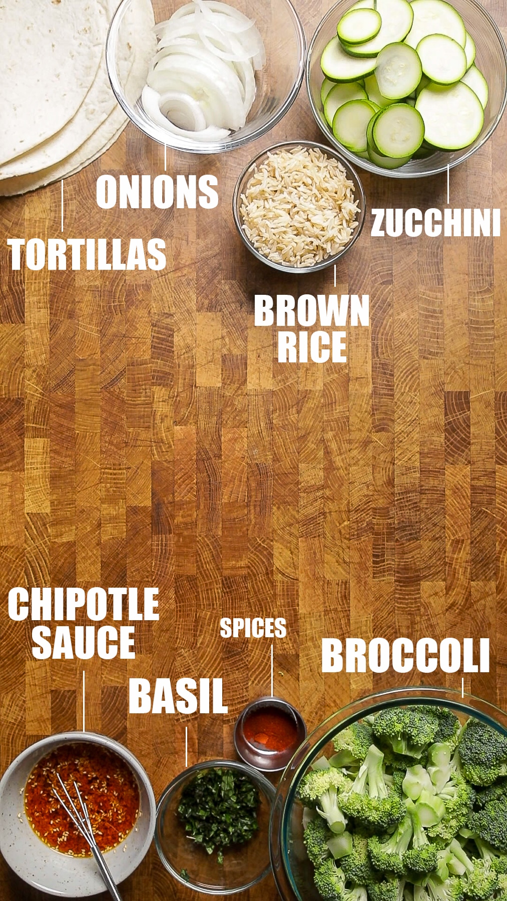 ingredients for chipotle spiced veggie burritos.
