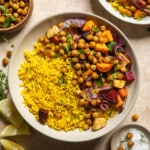 root vegetables, spiced chickpeas, and lemon rice in a bowl on a table.