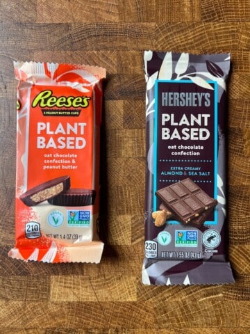 hersheys plant based chocolate bar and hershey reese's cup packages.