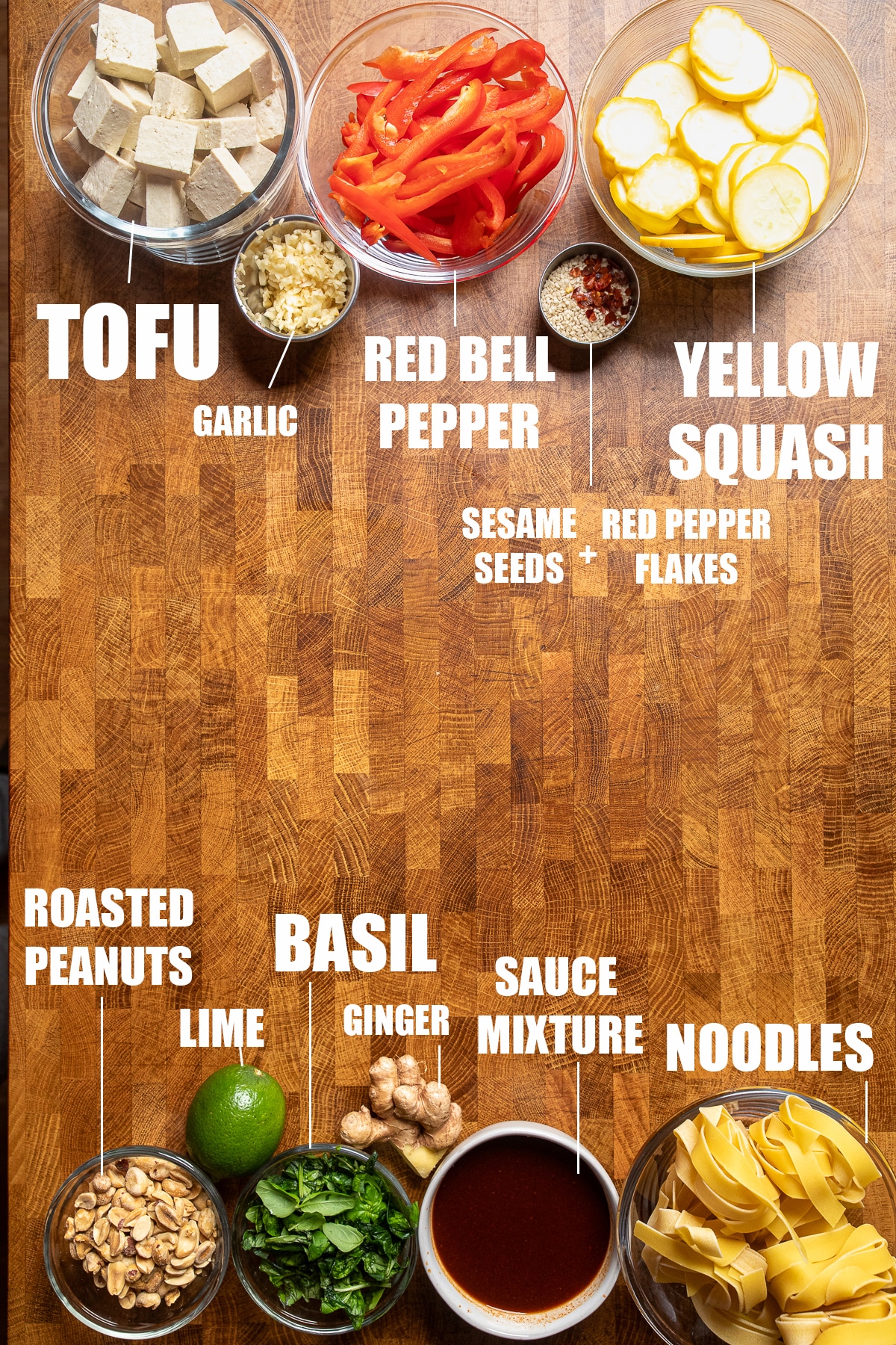 ingredients for vegan saucy thai noodles.