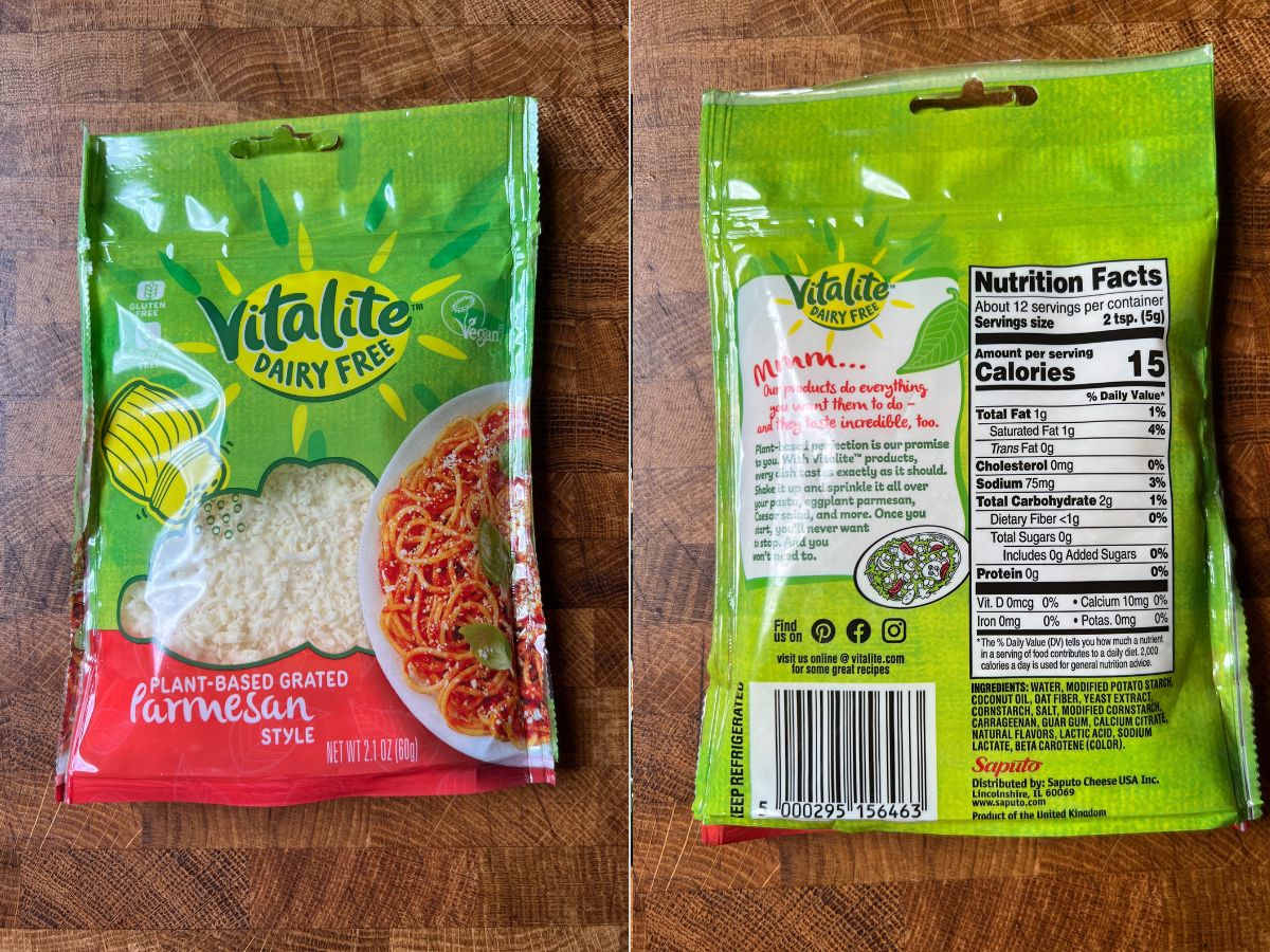 vitalite vegan parmesan cheese package and nutritional information.