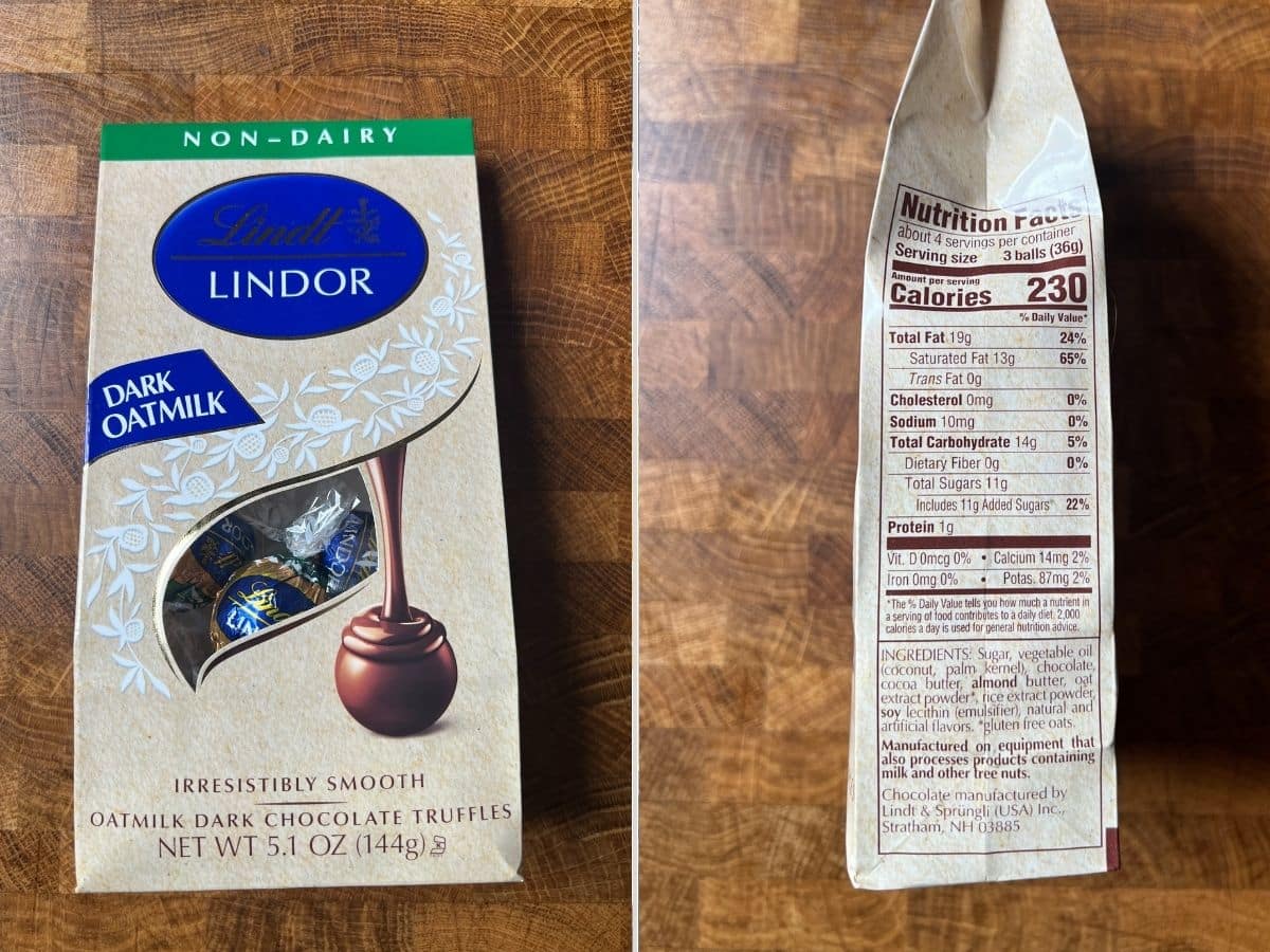 lindt lindor non dairy dark oatmilk packaging.