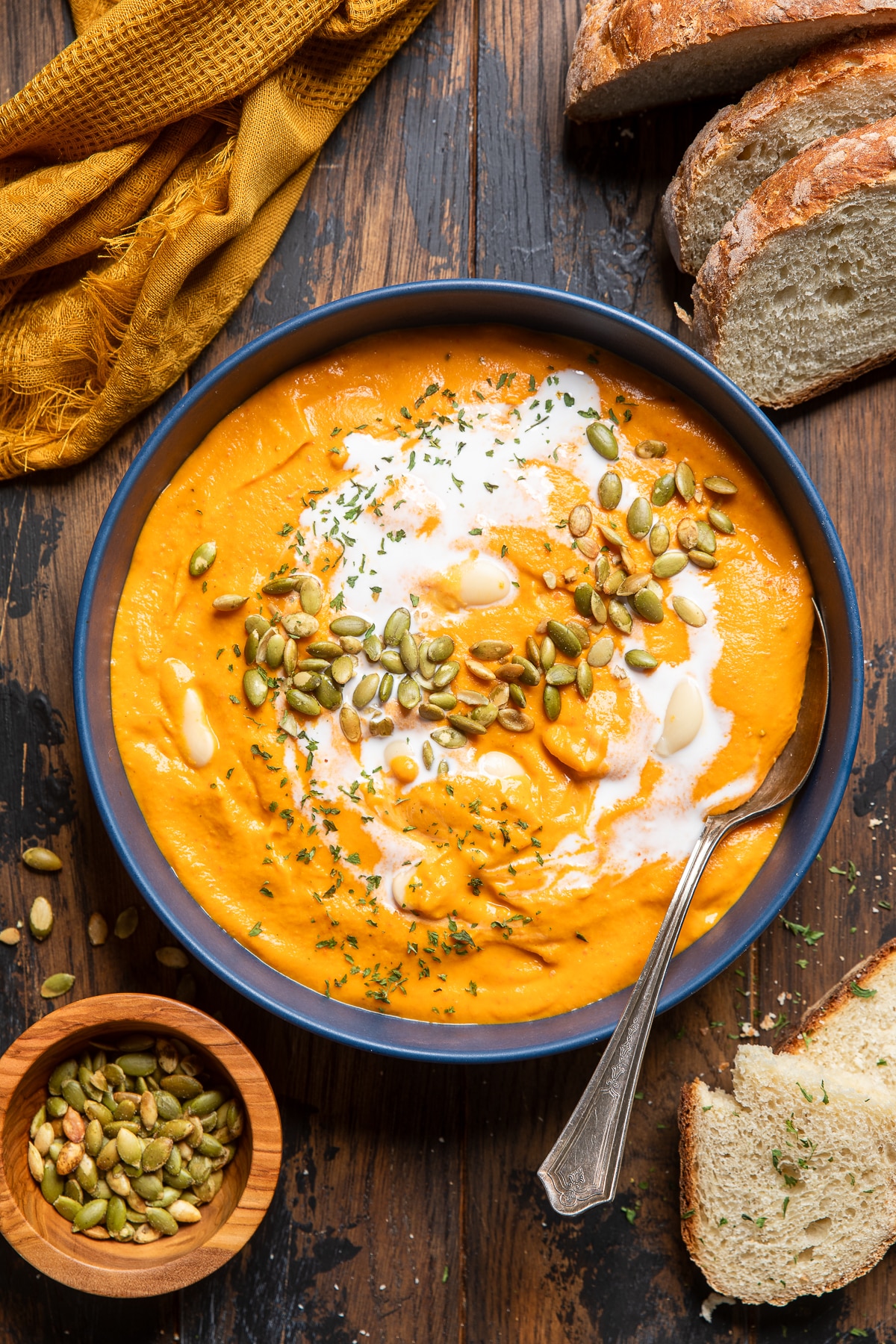 a bowl of red pepper sweet potato soup. 