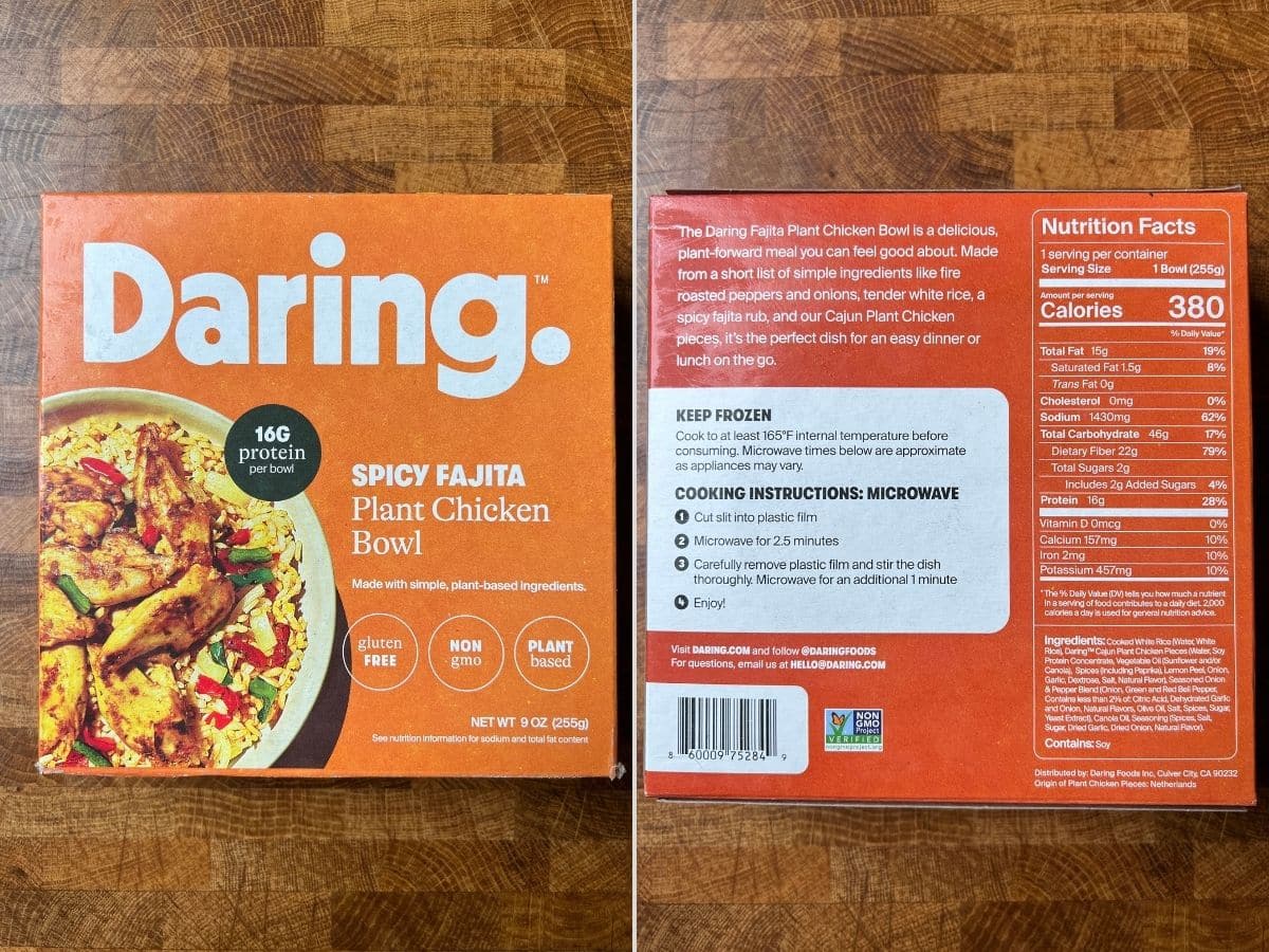 daring foods frozen spicy fajita plant chicken bowl package and nutritional facts.