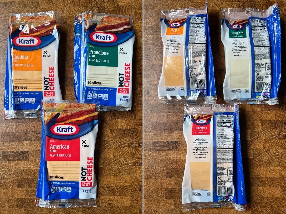 kraft notco plant based cheese slices packages on a table.