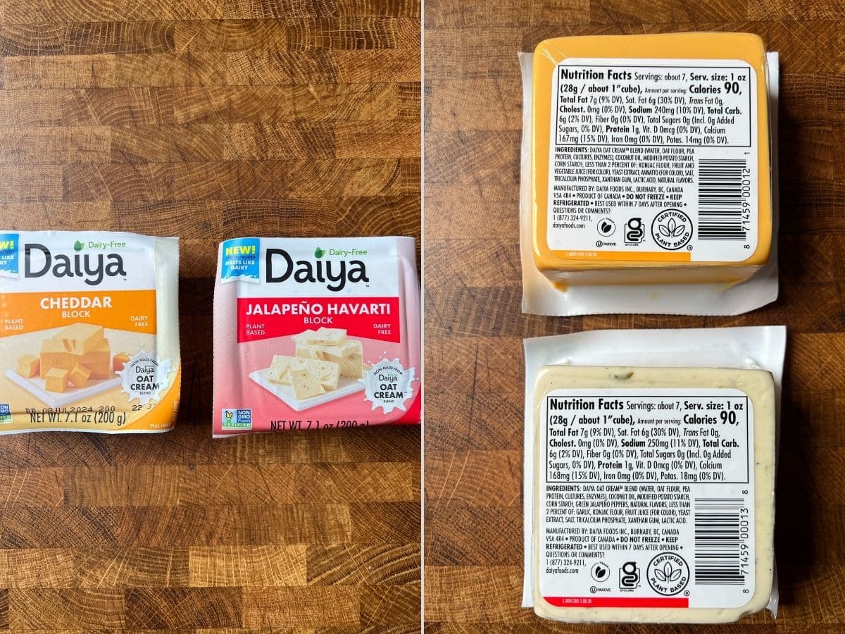 daiya oat cream vegan cheese blocks packages on a table.