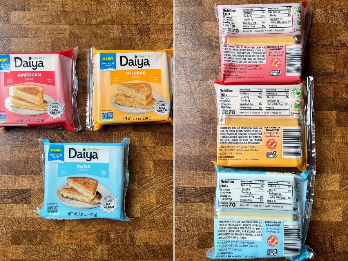 daiya oat cream vegan cheese slices packages on a table.