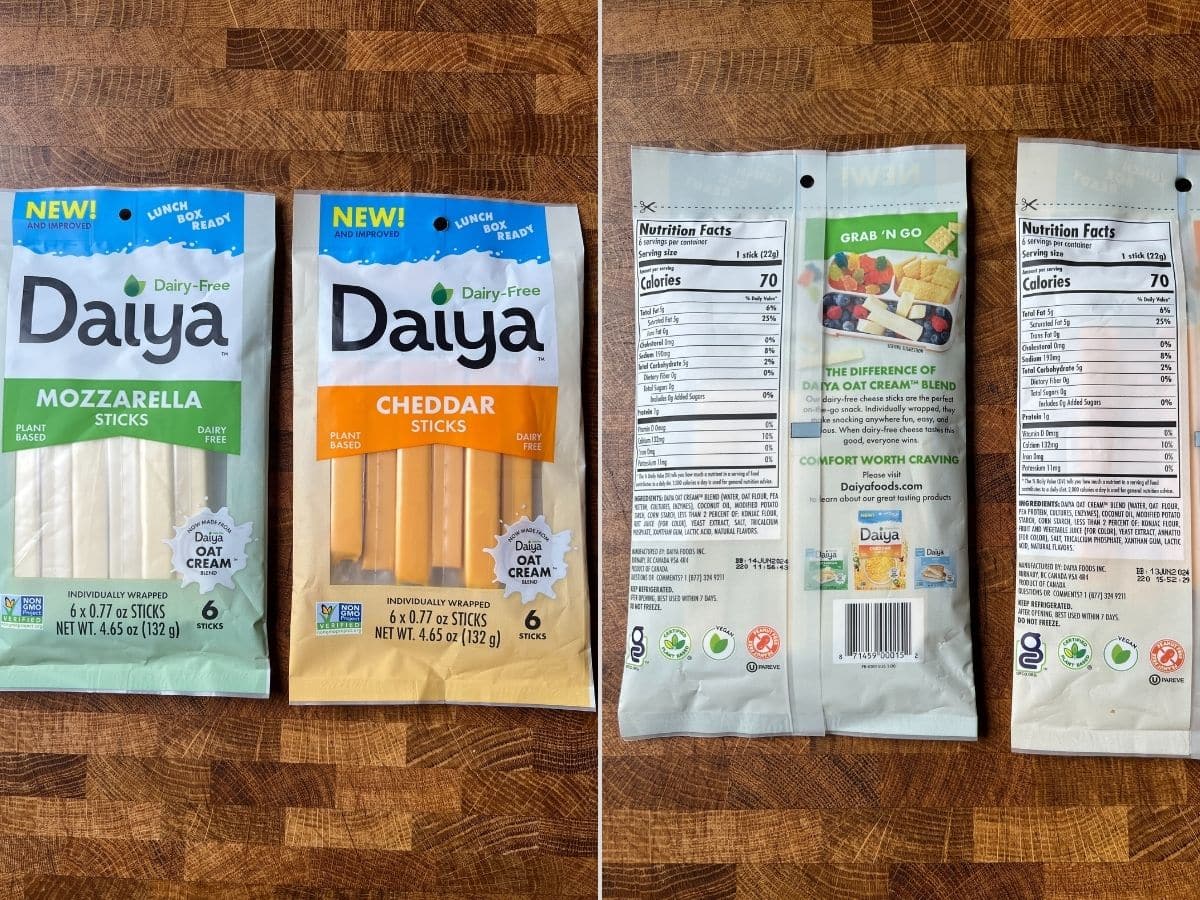 daiya oat cream vegan cheese sticks packages on a table.