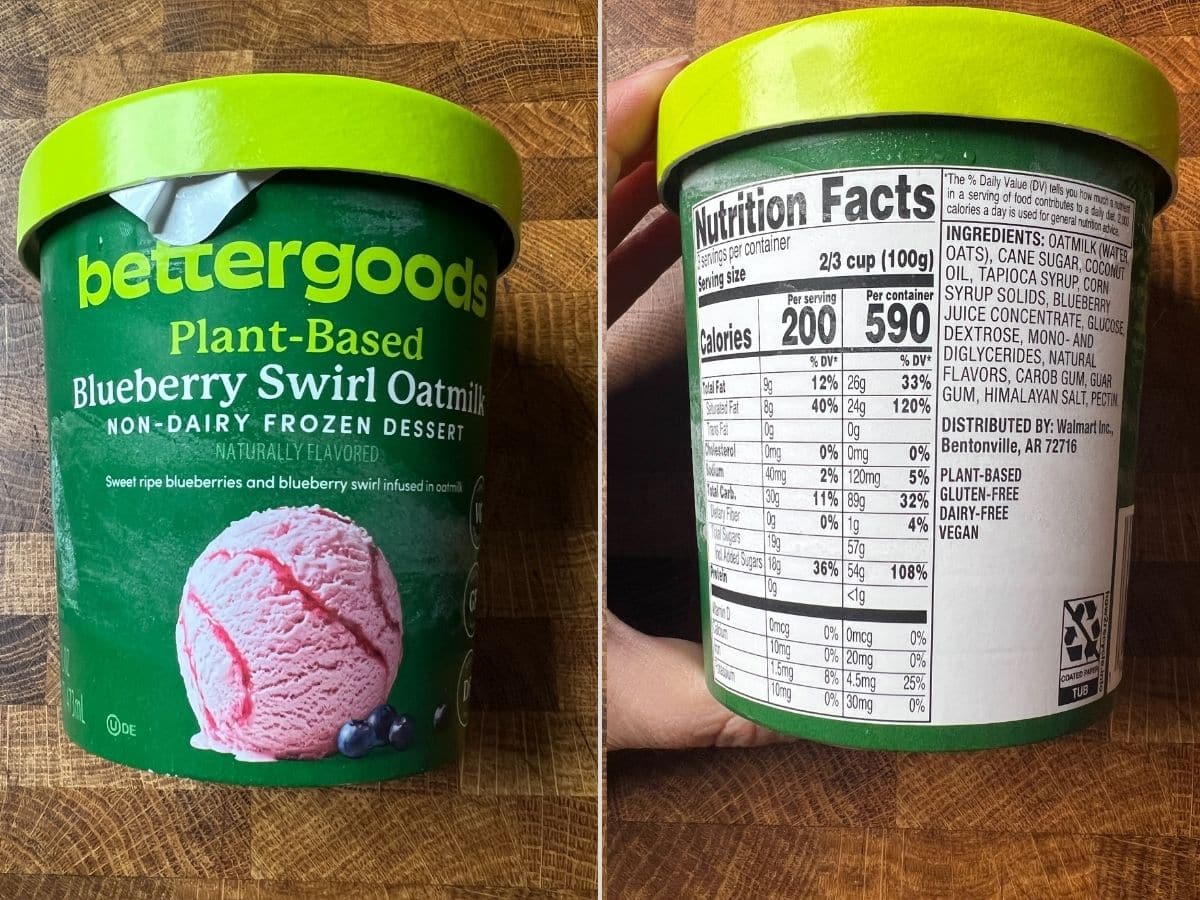 package of bettergoods plant based blueberry swirl ice cream on a table with a side image of the nutritional and ingredient label.
