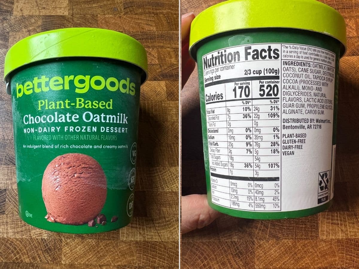 package of bettergoods plant based chocolate ice cream on a table with a side image of the nutritional and ingredient label.